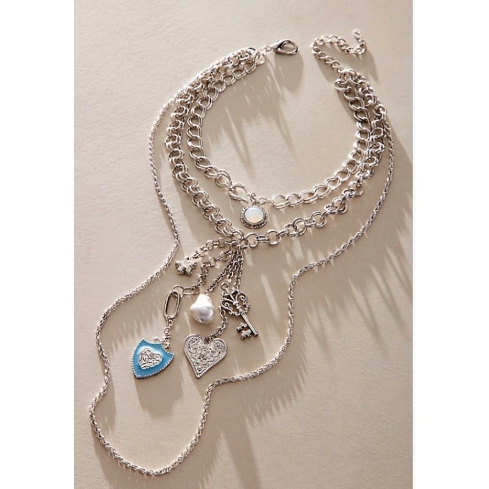 Free People TATE Layer Charm Necklace Set Silver Heart Key Pearl Blue Enamel NWT